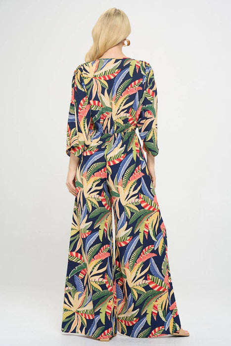 Made in USA Tropical Print V neck Wide Leg Jumpsuit