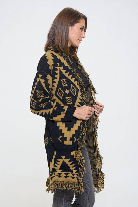 Tribal Print Cardigan with Fringe Detail and Tie