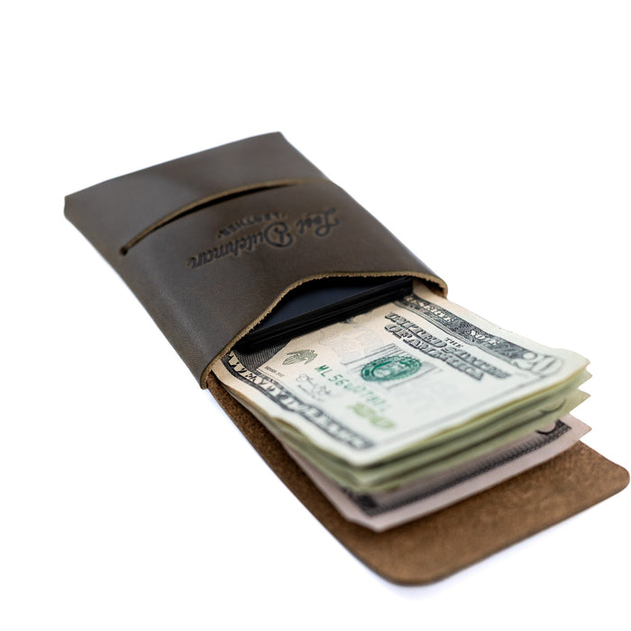 Brown leather wallet with money on a white background
