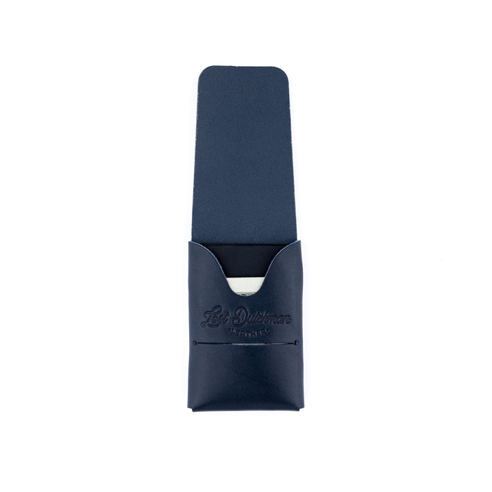 Navy blue leather case with a brand logo on a white background