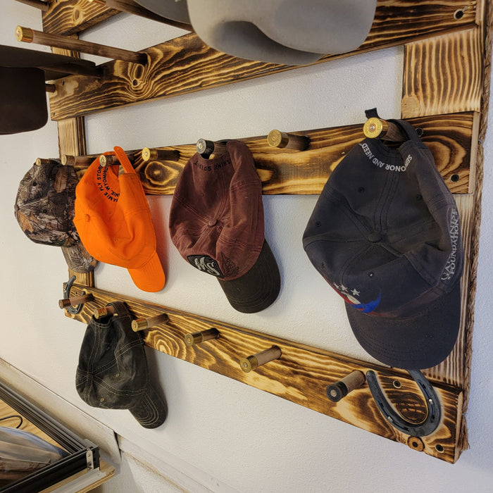 Handcrafted 6-Cowboy Hat Vertical Rack Organizer with 13 Gimmee Cap pegs