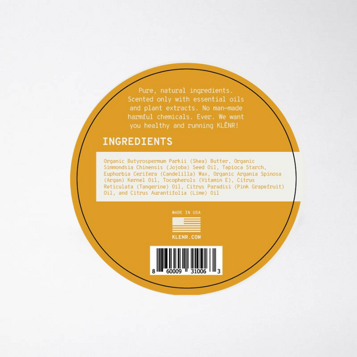 Round yellow label with text and a barcode on a white background