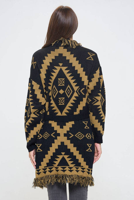 Tribal Print Cardigan with Fringe Detail and Tie