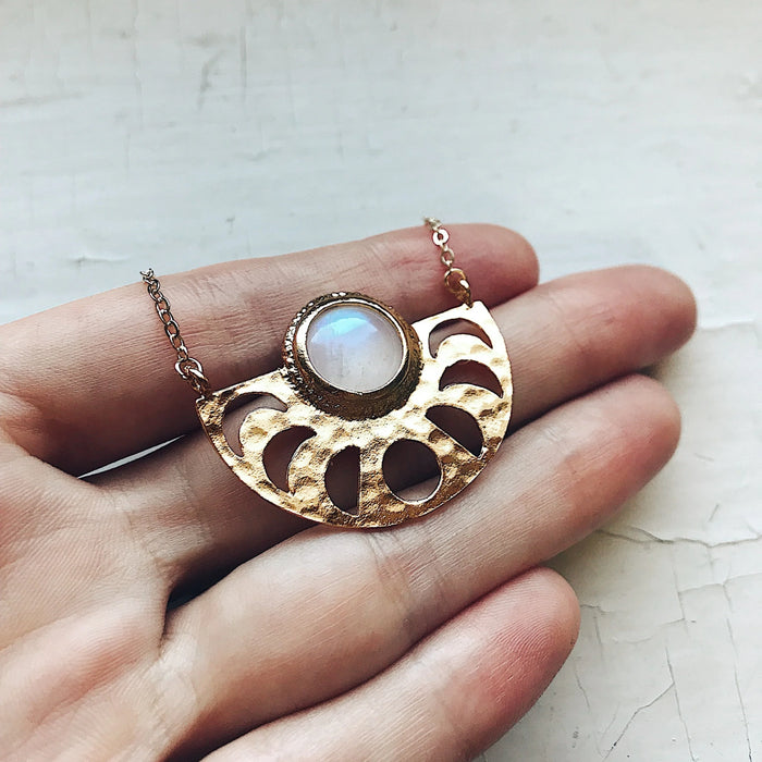 Moon Goddess Necklace - Moon Phases Rainbow Moonstone Pendant