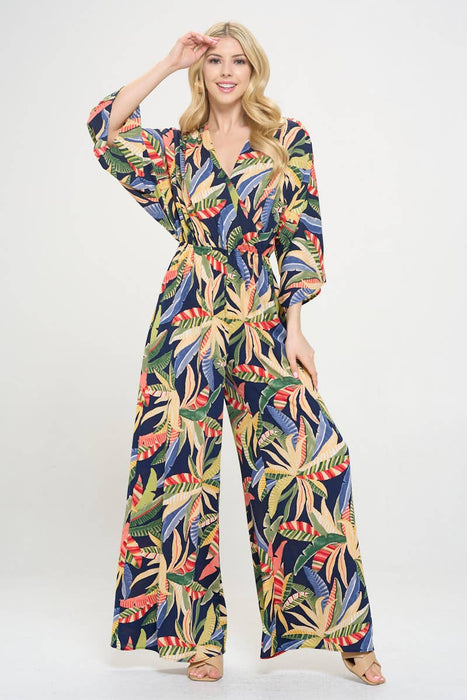 Made in USA Tropical Print V neck Wide Leg Jumpsuit