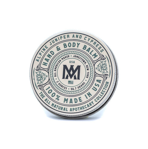 Hand and body balm container with branding on a white background