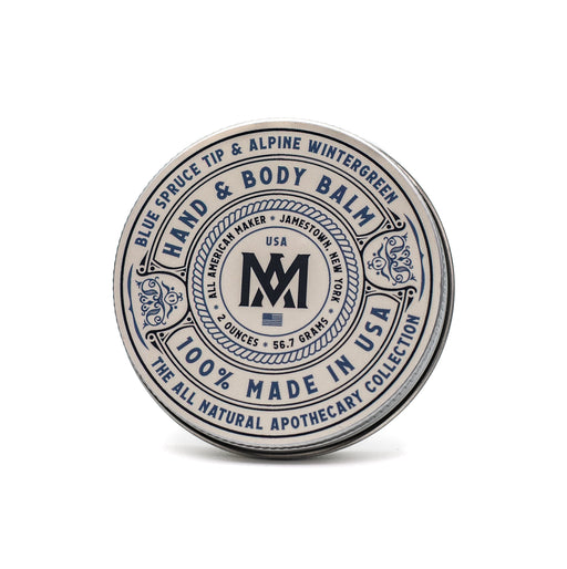 Hand and body balm container with branding on a white background
