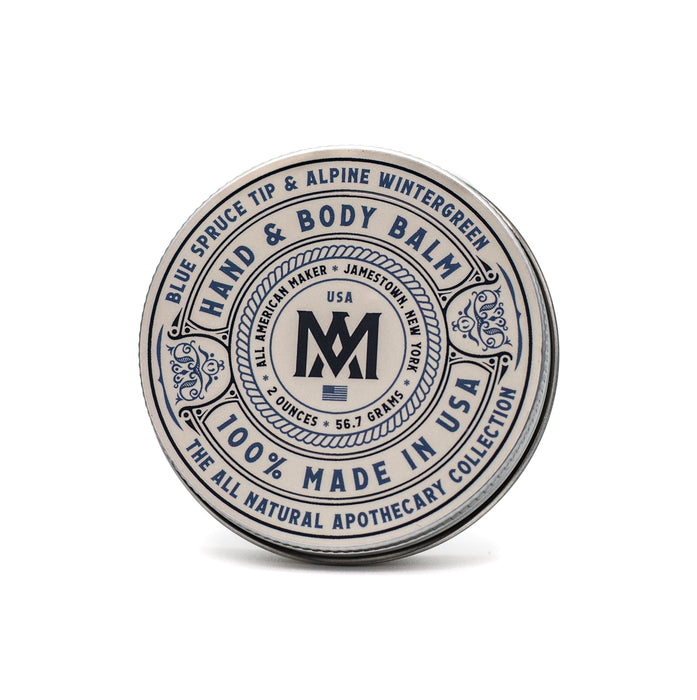 Hand and body balm container with branding on a white background