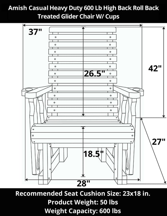 Amish Casual Heavy Duty 600 Lb High Back Roll Back Treated Glider Chair