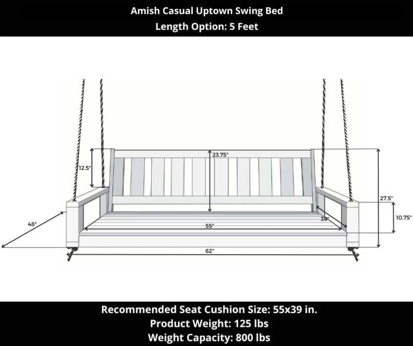 Amish Casual 5 Foot Uptown Porch Swing Bed in Dovetail Grey Paint