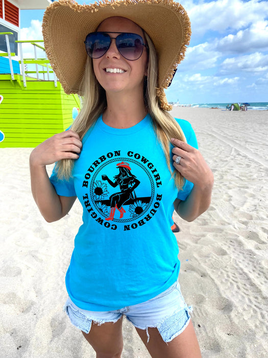 Bourbon Cowgirl Logo Turquoise Tshirt