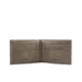 Open brown leather wallet on a white background