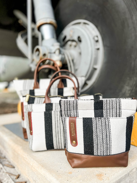 Betsy Bucket Bag | Black and White Woven + Brown Leather