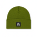 Green beanie with a logo on a white background