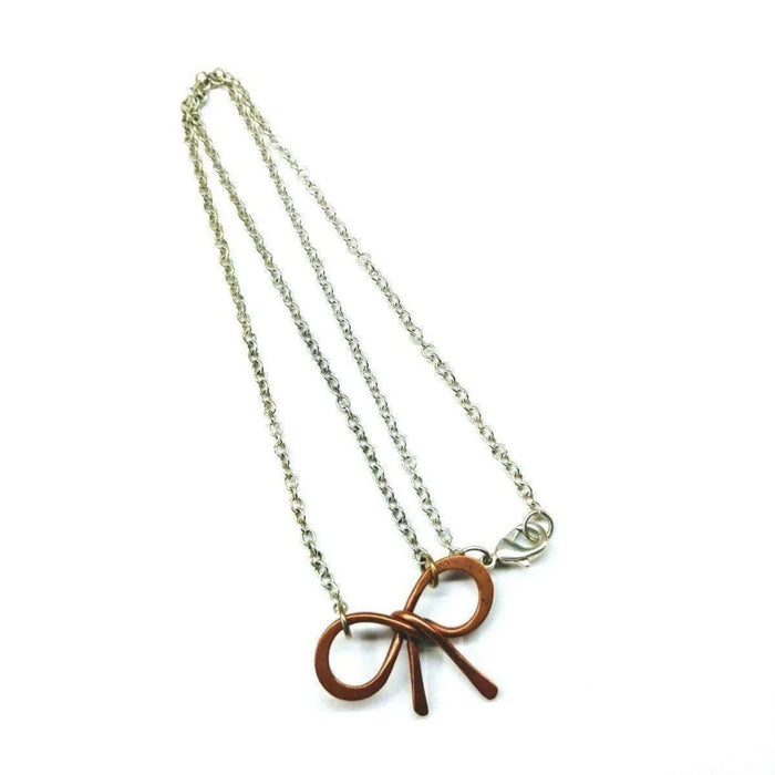 Wire Wrapped Copper Bow Tie  Silver Chain Necklace