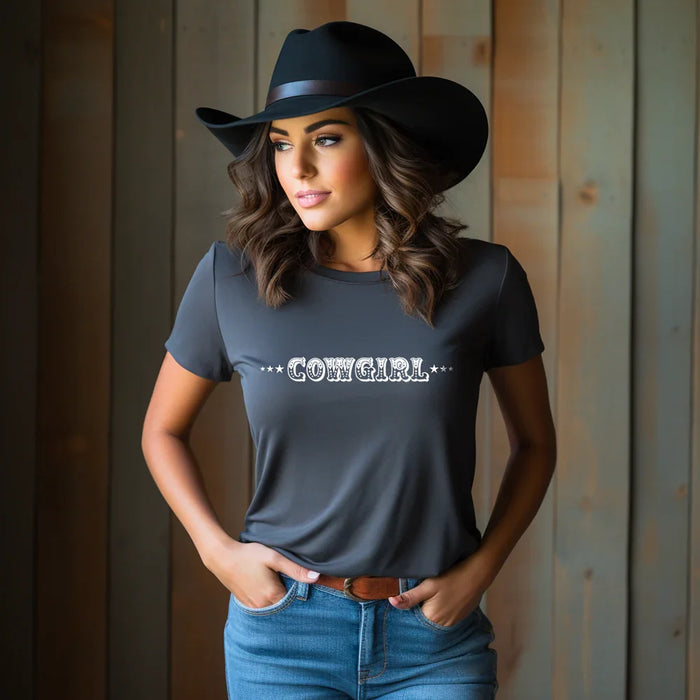 Cowgirl with Sheriff Stars Graphic Tee Shirt