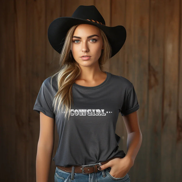 Cowgirl with Sheriff Stars Graphic Tee Shirt