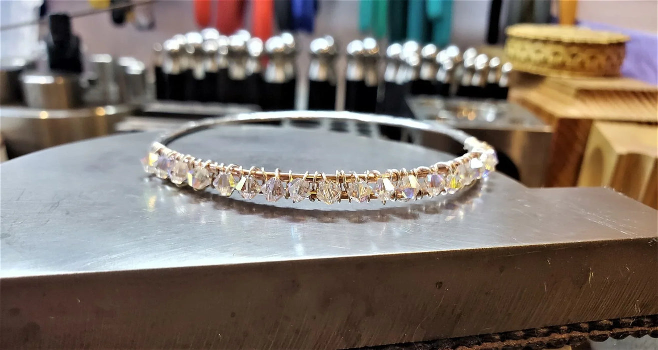 Two Metal  Embossed Wire Wrapped Crystal Bangle