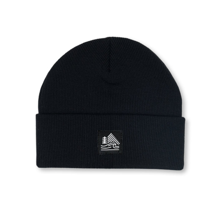 Black beanie with a logo on a white background