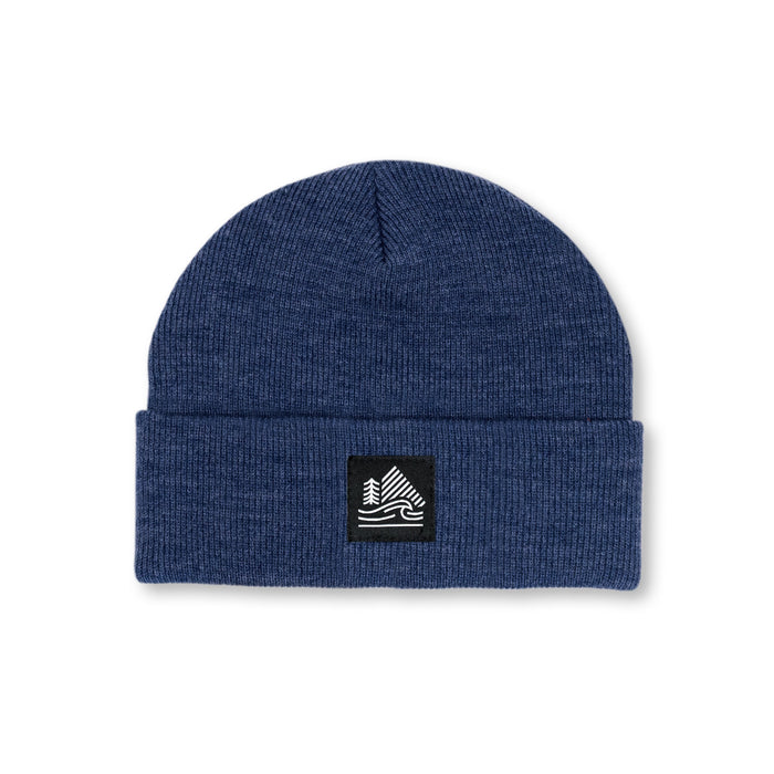 Blue beanie with a logo patch on a white background