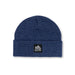 Blue beanie with a logo patch on a white background