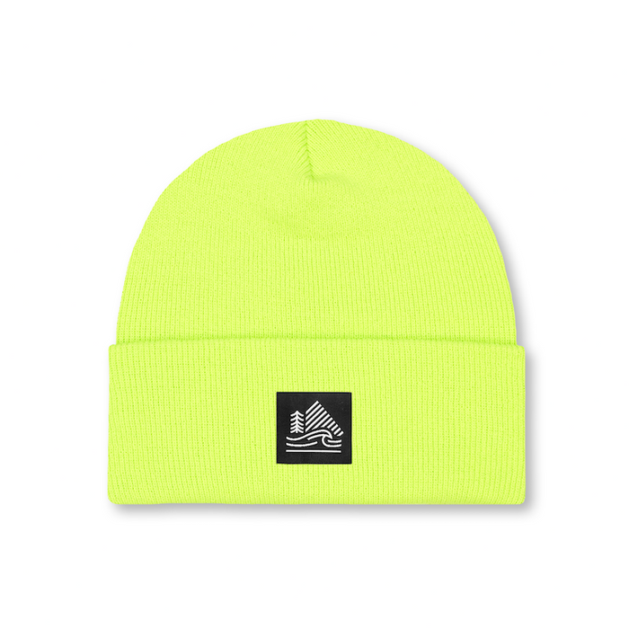 Neon green beanie with a black logo on a white background