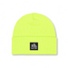 Neon green beanie with a black logo on a white background
