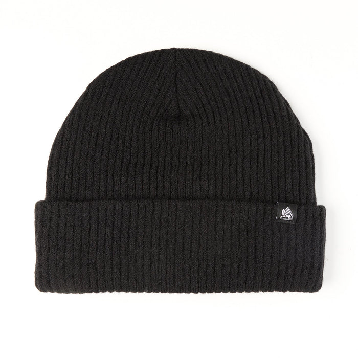 Black beanie with a brand logo on a white background
