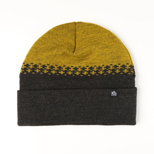 Two-tone beanie with yellow top and black bottom on a white background