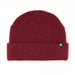 Red knit beanie with a brand logo on a white background