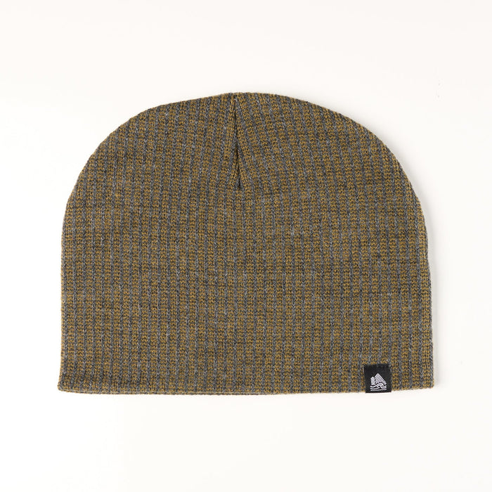 Green beanie with a brand logo on a white background