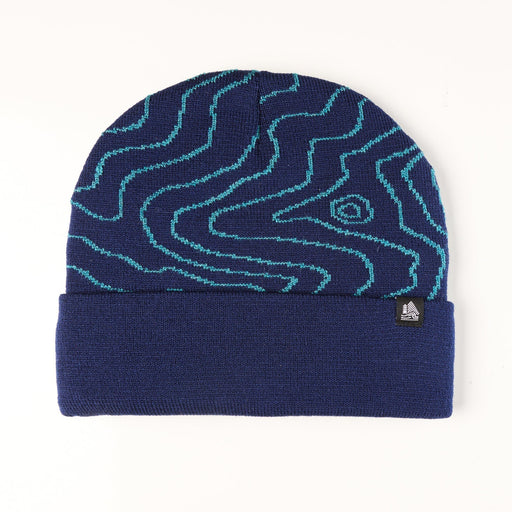 Blue beanie with wavy pattern on a white background