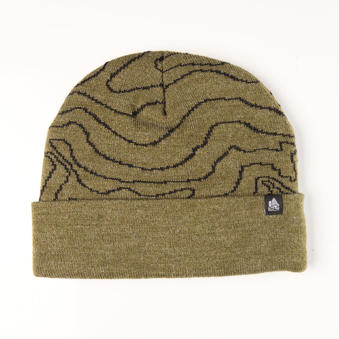 Green beanie with black pattern on a white background