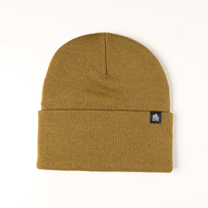 Mustard yellow beanie with a small logo on a white background