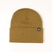 Mustard yellow beanie with a small logo on a white background