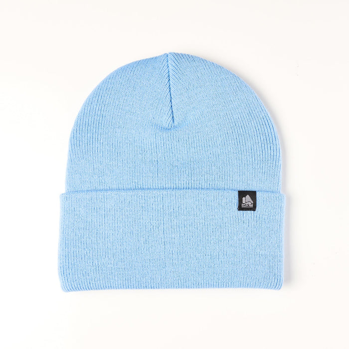 Light blue beanie with a small logo on a white background