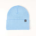 Light blue beanie with a small logo on a white background
