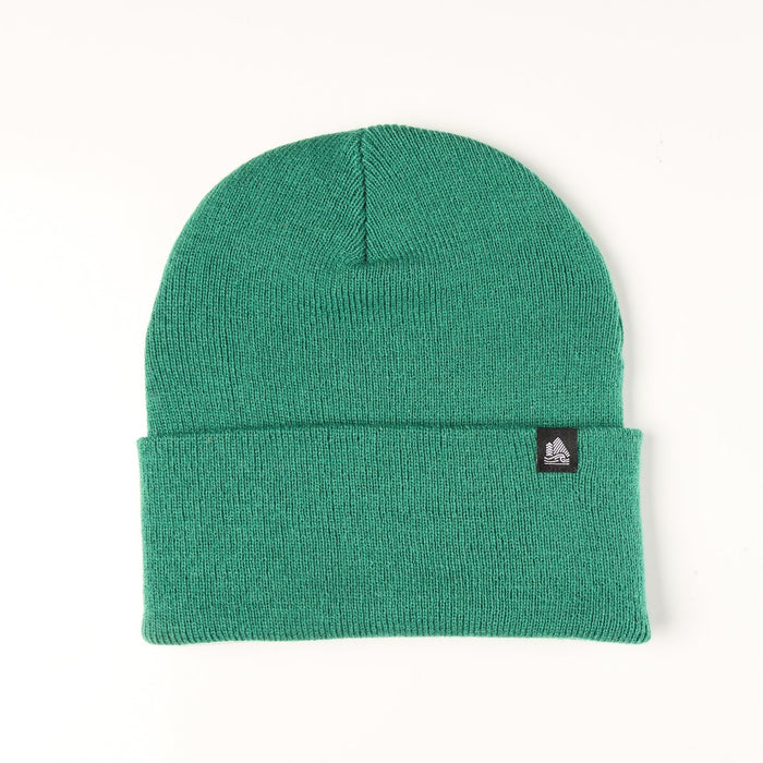 Green beanie with a brand logo on a white background