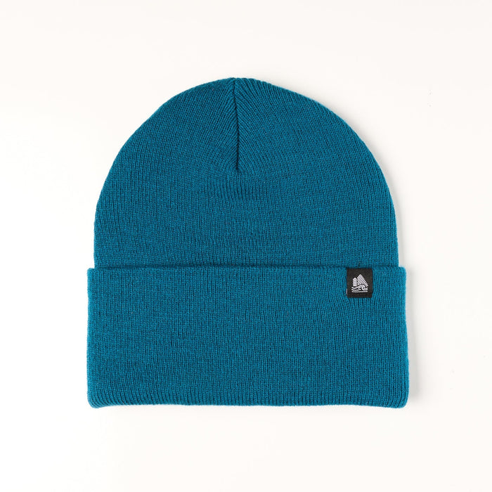 Blue beanie with a small logo on a white background