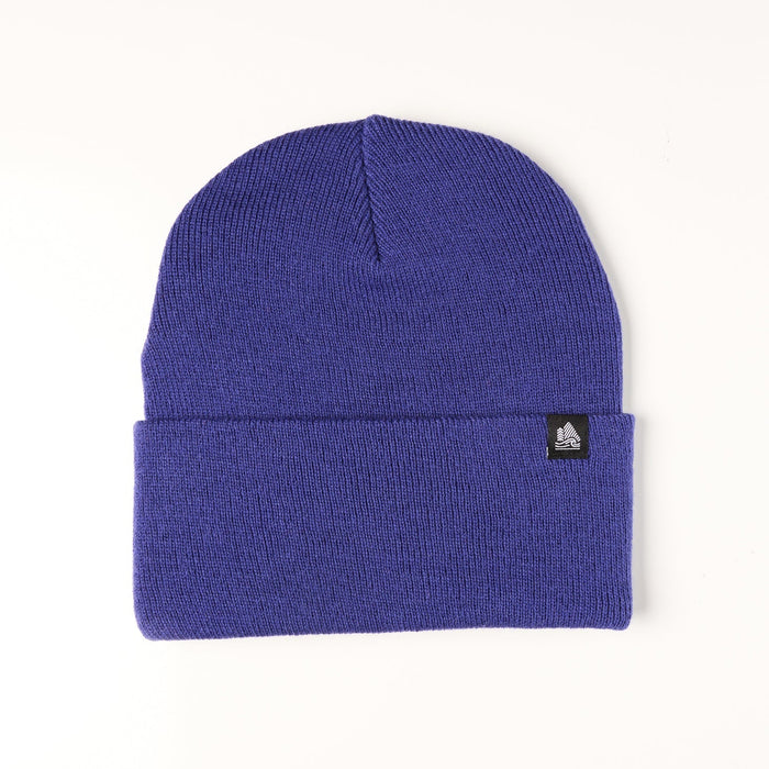 Blue beanie with a brand logo on a white background