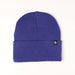 Blue beanie with a brand logo on a white background