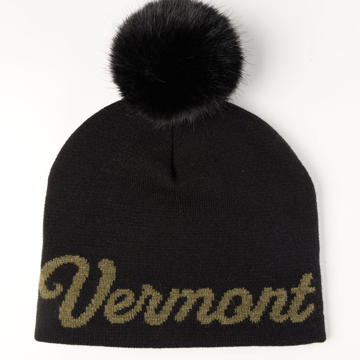 Black beanie with 'Vermont' text and black pom-pom on a white background