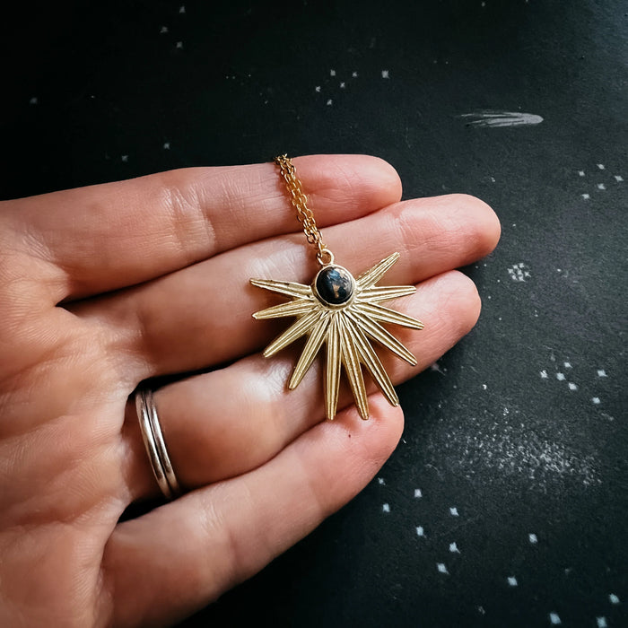Dark Before the Dawn Sunburst Pendant Necklace with Copper Lapis Lazuli