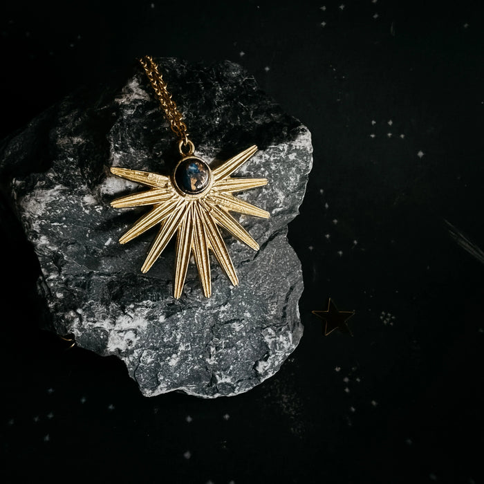 Dark Before the Dawn Sunburst Pendant Necklace with Copper Lapis Lazuli