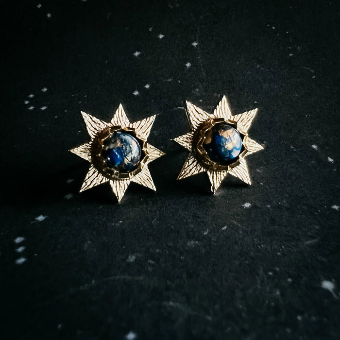 Dark Before the Dawn Sunburst Stud Earrings with Copper Lapis Lazuli