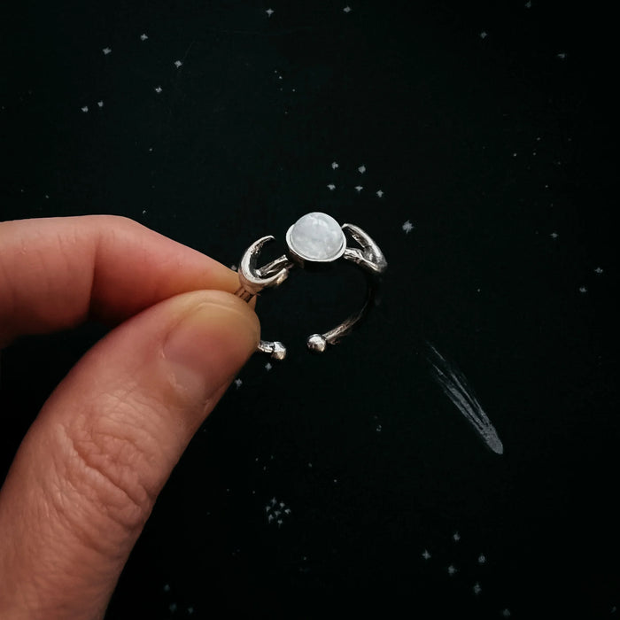 Lunar Witch Crescent Moon Ring with Rainbow Moonstone