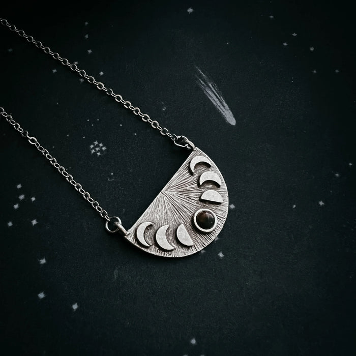 Lunar Eclipse Half Circle Pendant Necklace with Moon Phases and Black Opal