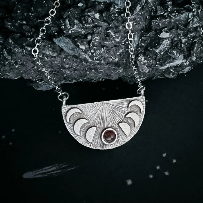 Lunar Eclipse Half Circle Pendant Necklace with Moon Phases and Black Opal