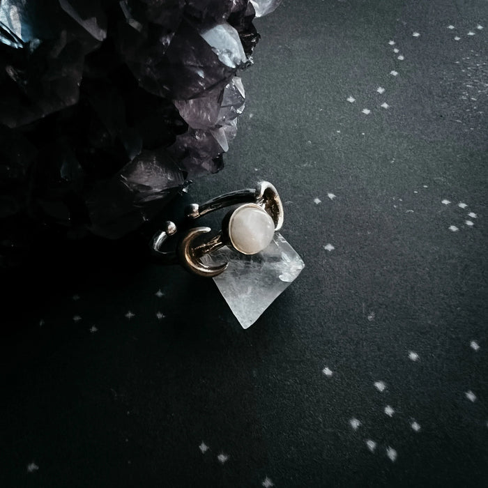 Lunar Witch Crescent Moon Ring with Rainbow Moonstone