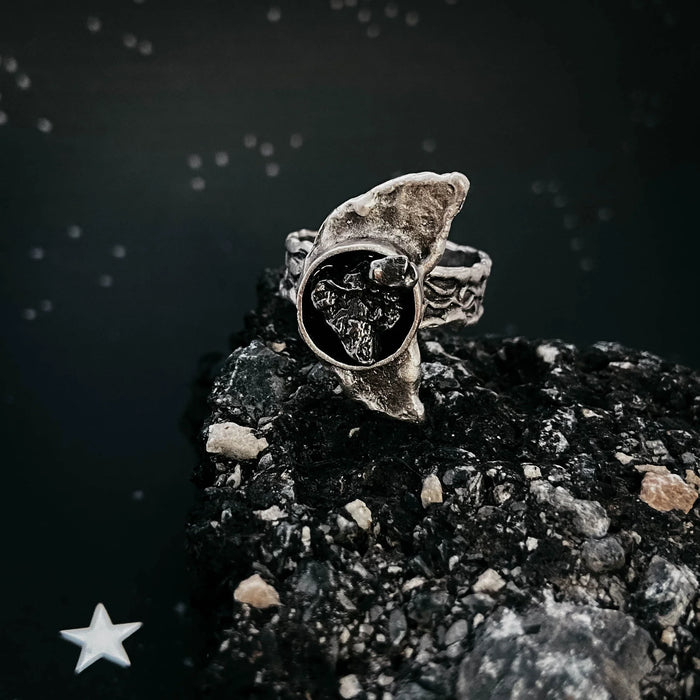 Crescent Moon Ring with Authentic Meteorite